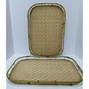 Vintage Lot of 2 Bamboo Woven Rattan Wicker Boho MCM Serving Trays 19”x13”